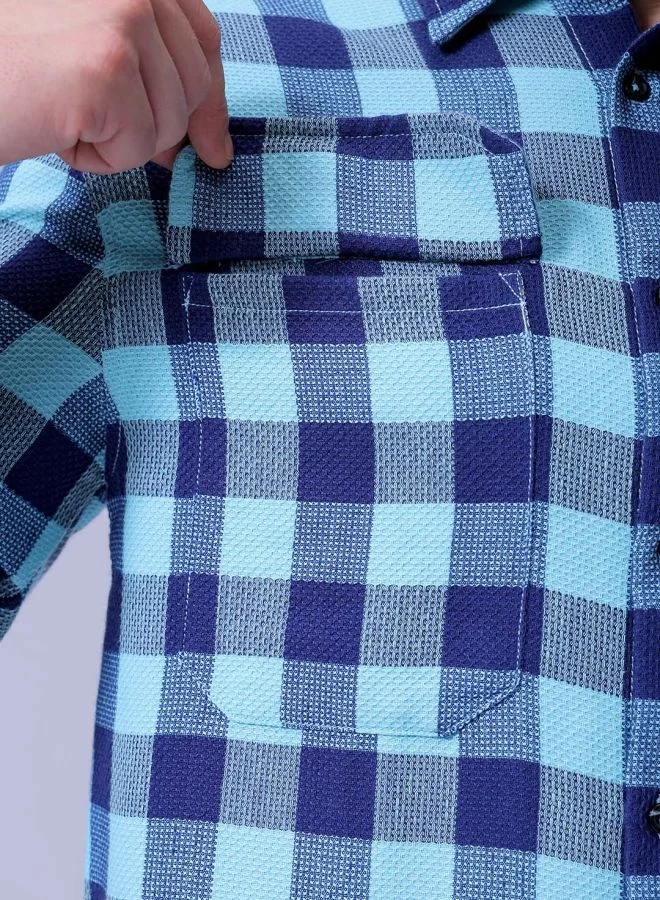 The Indian Garage Co Men Relaxed Fit Checkered Full Sleeves Cutaway Collar Double Flap Pocket Resort Wear Shirt