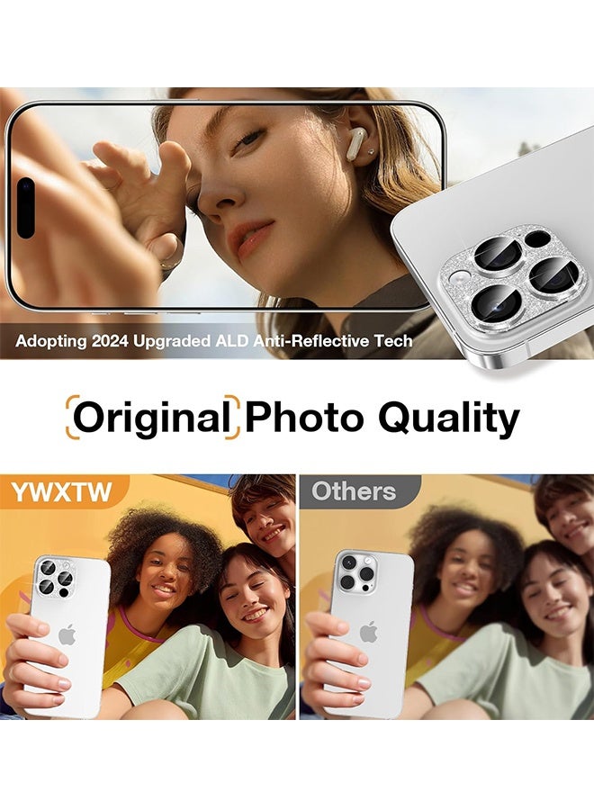 SUNDAREE for iPhone 16 Pro/iPhone 16 Pro Max Camera Lens Protector, [New Glitter Design] Full Bling Sparkly Diamond Tempered Glass Screen Protector Metal Camera Cover Accessories (White Titanium) - Image 4