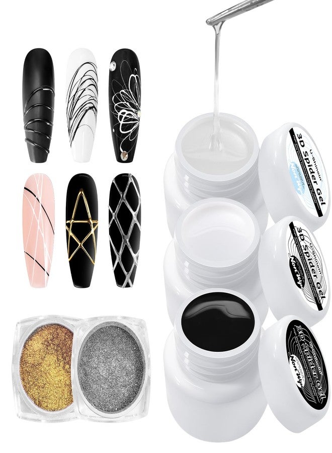 U-Shinein 3Pcs Spider Gel Set: Black & White & Transparent 3D Spider Gel Polish with Metallic Silver Gold Chrome Nail Powder for Nail Arts - Image 1