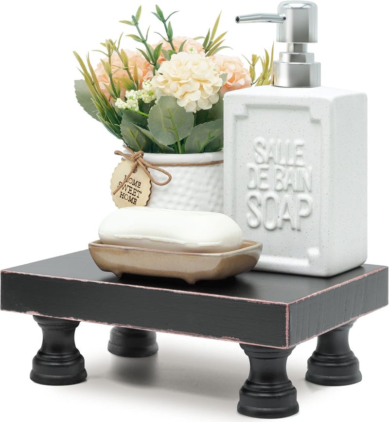 EOSAHR Modern Pedestal Stand for Kitchen Decor : Decorative Wood Riser for Display and Farmhouse Soap Dispenser Tray and Sponge Holder - Retro Countertop Organizer for Counter and Sink (Black) - Image 1