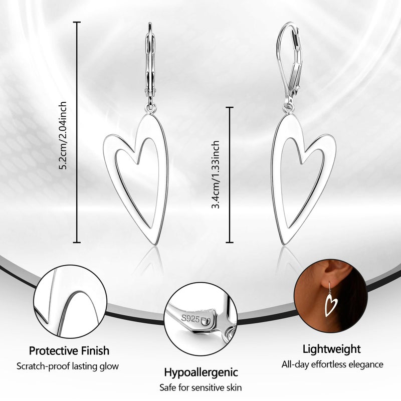 ALEXCRAFT 925 Sterling Silver Heart Dangle Earrings for Women, ALEXCRAFT Heart Silver Dangling Drop Earring Leverback Polished Hearts Shaped Dangly Minimalist Earing of Valentine - Image 5