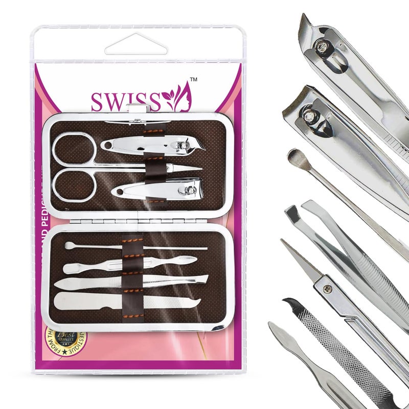 Swiss Connection Swiss Connection Manicure Pedicure Set Nail Clippers Stainless Steel Nail Scissors Nail Tool Kit Nail Care Kit with Peeling Knife Nail Filer Cleaning Knife Acne needle Blackhead ToolPack of 7 - Image 1