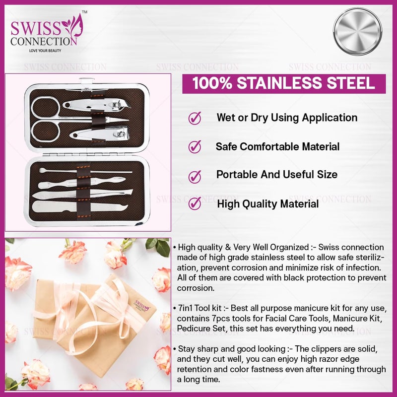 Swiss Connection Swiss Connection Manicure Pedicure Set Nail Clippers Stainless Steel Nail Scissors Nail Tool Kit Nail Care Kit with Peeling Knife Nail Filer Cleaning Knife Acne needle Blackhead ToolPack of 7 - Image 3