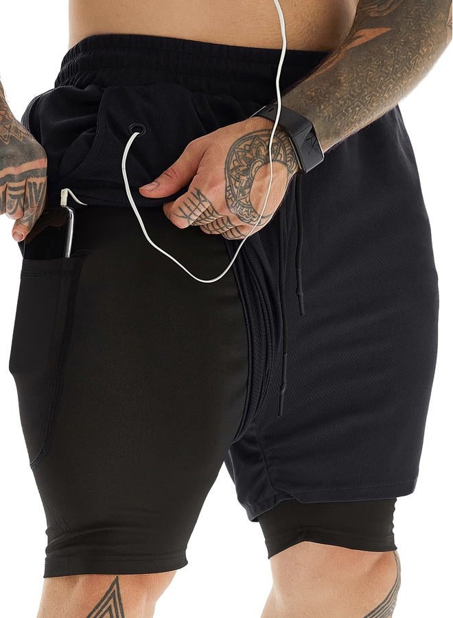 JWJ Men's 2 in 1 Workout Running Shorts 7 Inch Lightweight Athletic Gym Shorts with Compression Liner, Black, M - Image 1