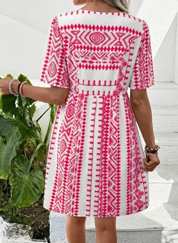 Shein SHEWIN Womens Summer Dresses Comfy Short Sleeve Elegant Boho Dresses for Women Trendy Loose Fit High Waist V Neck Summer Dress 2026 Red Large - Image 4