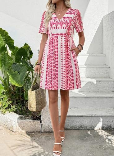 Shein SHEWIN Womens Summer Dresses Comfy Short Sleeve Elegant Boho Dresses for Women Trendy Loose Fit High Waist V Neck Summer Dress 2026 Red Large - Image 2