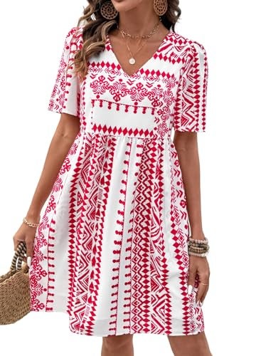 Shein SHEWIN Womens Summer Dresses Comfy Short Sleeve Elegant Boho Dresses for Women Trendy Loose Fit High Waist V Neck Summer Dress 2026 Red Large - Image 1