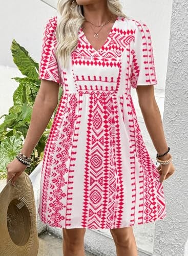 Shein SHEWIN Womens Summer Dresses Comfy Short Sleeve Elegant Boho Dresses for Women Trendy Loose Fit High Waist V Neck Summer Dress 2026 Red Large - Image 3