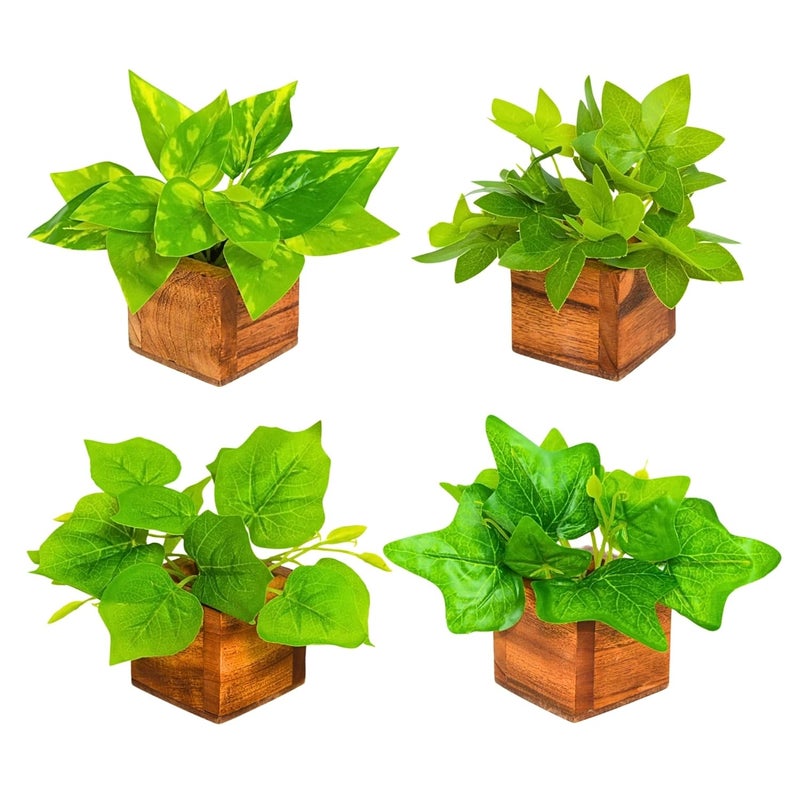 fancymart نبات أوراق صناعية في وعاء خشبي صغير - ارتفاع 12 سم - عبوة من 4 - ديكور المنزل والمكتب نبات مزروع أنيق لتعزيز الطاولات/الرفوف - Image 1