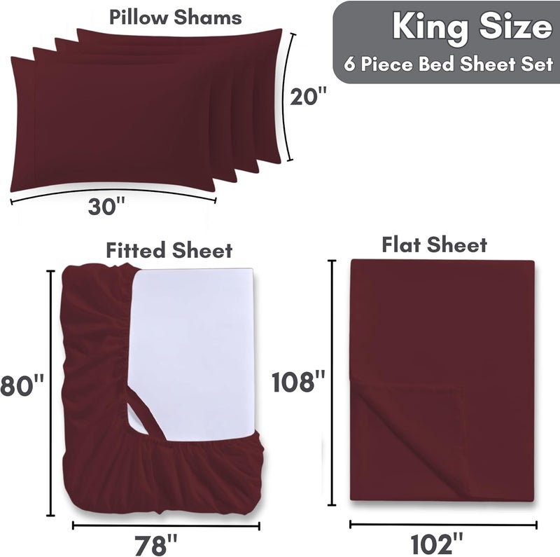 OSBED Premium 6 Piece King Size Bed Sheet Set - Burgundy - Image 2