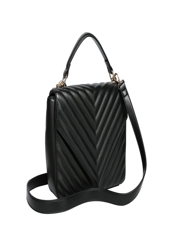 Daisy Rose Quilted Chevron Shoulder Cross Body Bag with Top Handle, PU Vegan Leather - Black - Image 3