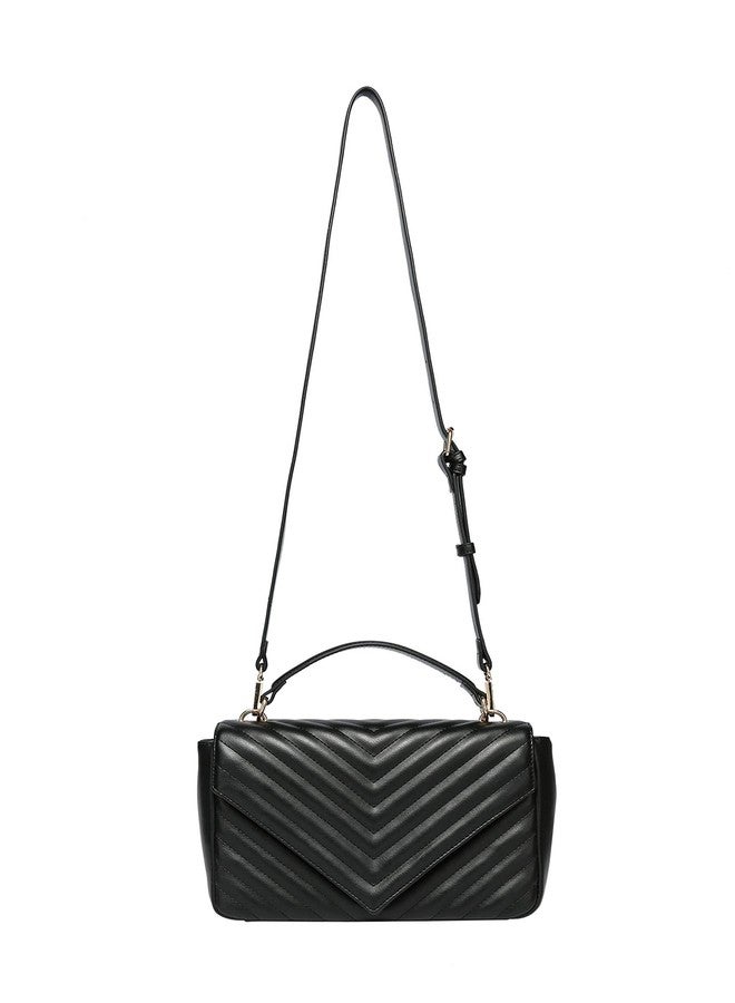 Daisy Rose Quilted Chevron Shoulder Cross Body Bag with Top Handle, PU Vegan Leather - Black - Image 2