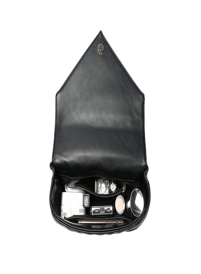 Daisy Rose Quilted Chevron Shoulder Cross Body Bag with Top Handle, PU Vegan Leather - Black - Image 5
