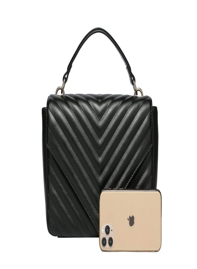 Daisy Rose Quilted Chevron Shoulder Cross Body Bag with Top Handle, PU Vegan Leather - Black - Image 4