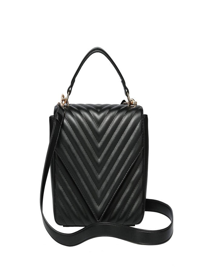 Daisy Rose Quilted Chevron Shoulder Cross Body Bag with Top Handle, PU Vegan Leather - Black - Image 1