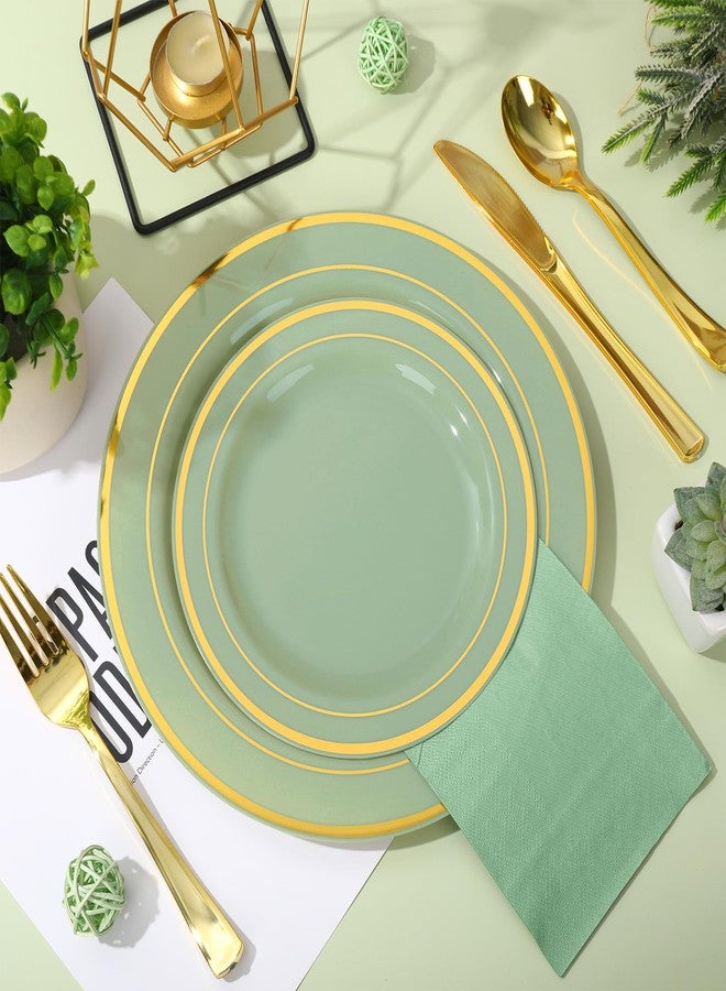 FYSUIMU 150Pcs Sage Green Plastic Party Supplies for 25 Guests Gold Foil Disposable Dinnerware Set 50Pcs Plate 25Pcs Guest Napkin 25Pcs Fork Spoon Knives for Party Table Decor - Image 3
