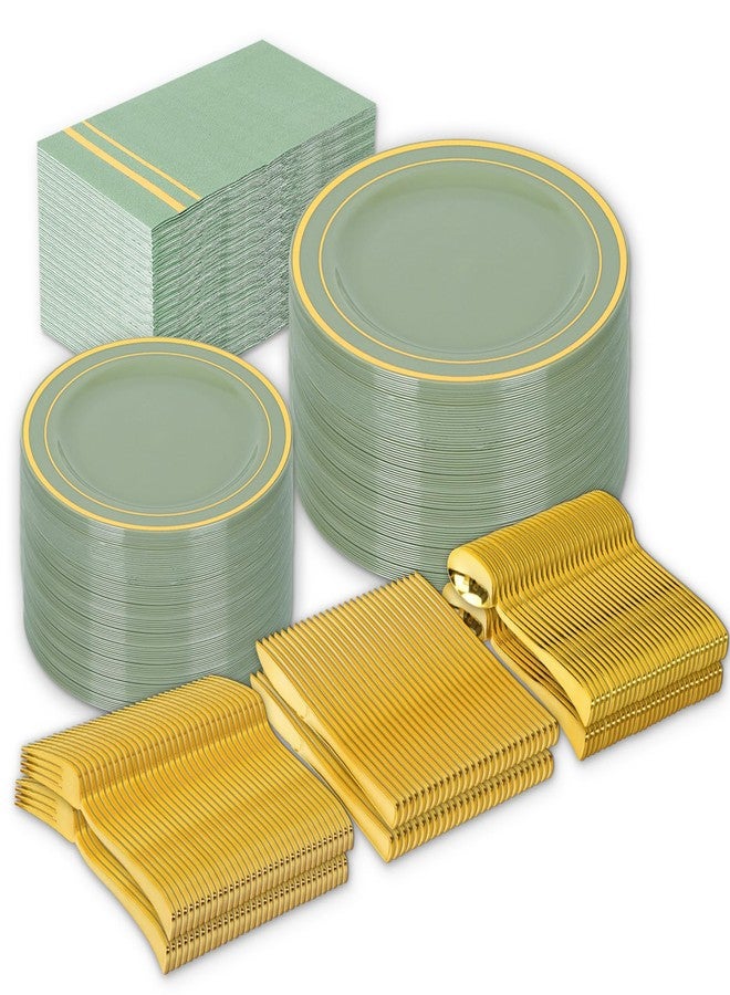 FYSUIMU 150Pcs Sage Green Plastic Party Supplies for 25 Guests Gold Foil Disposable Dinnerware Set 50Pcs Plate 25Pcs Guest Napkin 25Pcs Fork Spoon Knives for Party Table Decor - Image 1