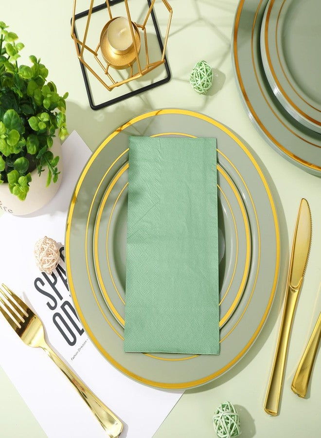 FYSUIMU 150Pcs Sage Green Plastic Party Supplies for 25 Guests Gold Foil Disposable Dinnerware Set 50Pcs Plate 25Pcs Guest Napkin 25Pcs Fork Spoon Knives for Party Table Decor - Image 4