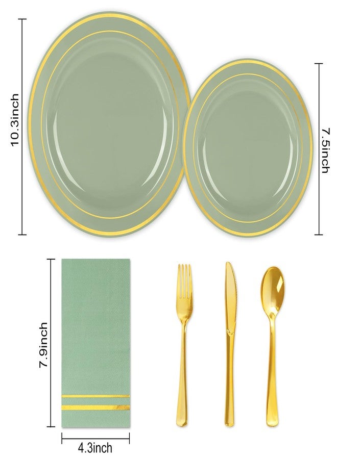 FYSUIMU 150Pcs Sage Green Plastic Party Supplies for 25 Guests Gold Foil Disposable Dinnerware Set 50Pcs Plate 25Pcs Guest Napkin 25Pcs Fork Spoon Knives for Party Table Decor - Image 2