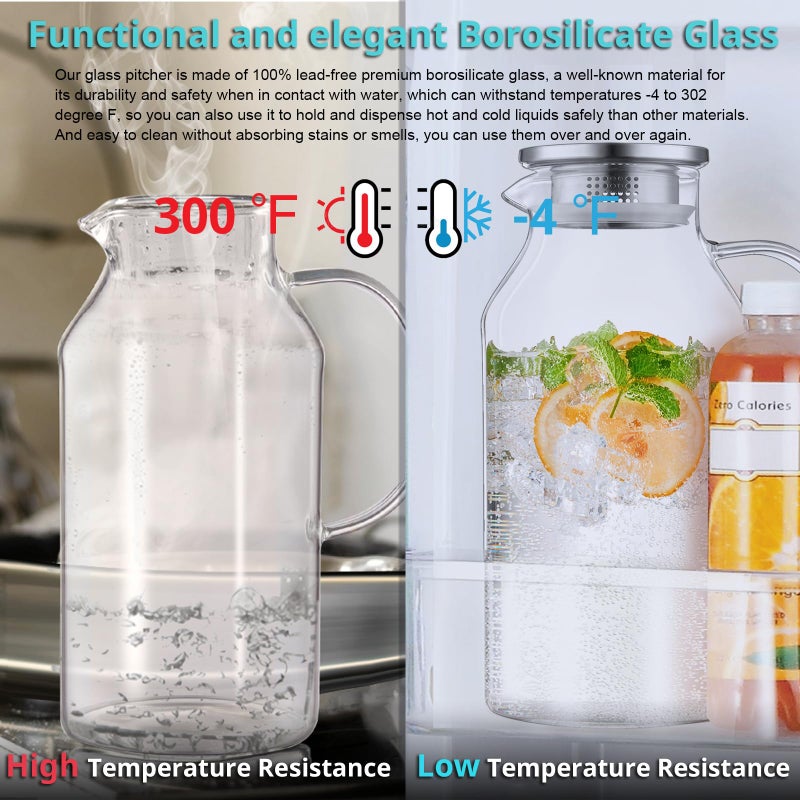 Bivvclaz 2.6 Liter 88 oz Glass Pitcher with Lid and Handle, Glass Water Carafe for Hot/Cold Water, Iced Tea Pitcher, Large Pitcher for Coffee, Juice and Homemade Beverage - Image 5