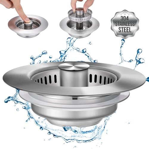 Inkhut Upgraded 3 in 1 Kitchen Sink Drain Strainer - Stainless Steel Sink Stopper, Anti-Clogging Sink Food Catcher Basket, Fast Drainage Odor Filter Sink Plug for US Standard 3 1/2 inch Drain (Silver-1Pack) - Image 1