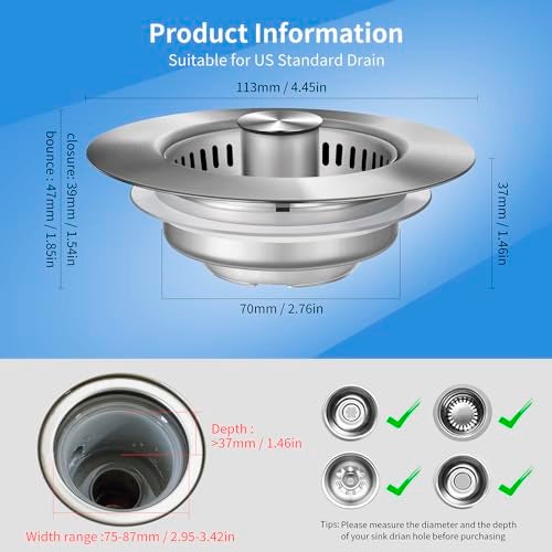 Inkhut Upgraded 3 in 1 Kitchen Sink Drain Strainer - Stainless Steel Sink Stopper, Anti-Clogging Sink Food Catcher Basket, Fast Drainage Odor Filter Sink Plug for US Standard 3 1/2 inch Drain (Silver-1Pack) - Image 5