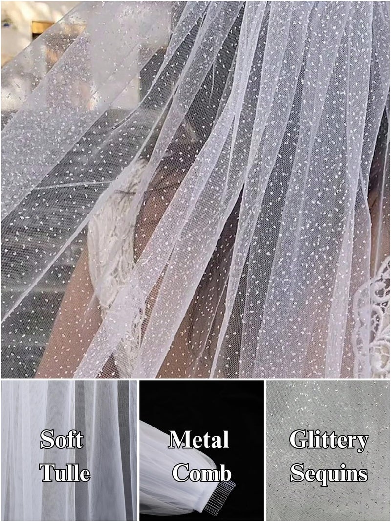 AiberLisha Short Glitter Wedding Bridal Veil with Comb for Bride Elbow Length 29.5inch White - Image 5