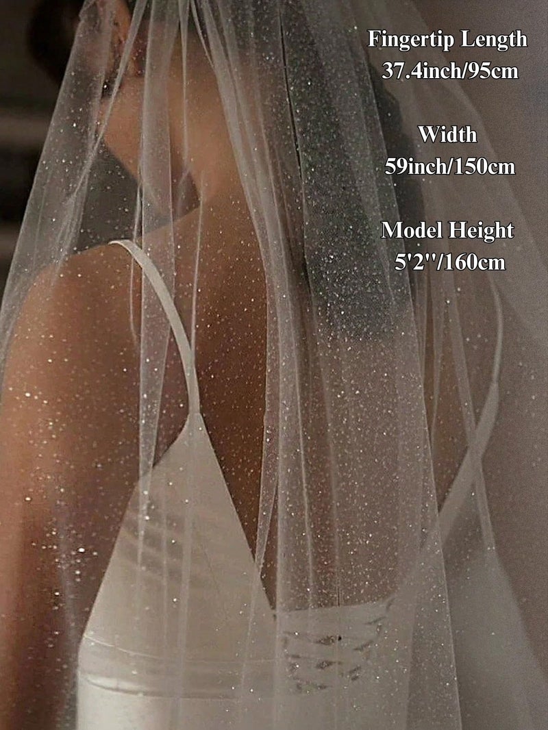 AiberLisha Short Glitter Wedding Bridal Veil with Comb for Bride Elbow Length 29.5inch White - Image 3