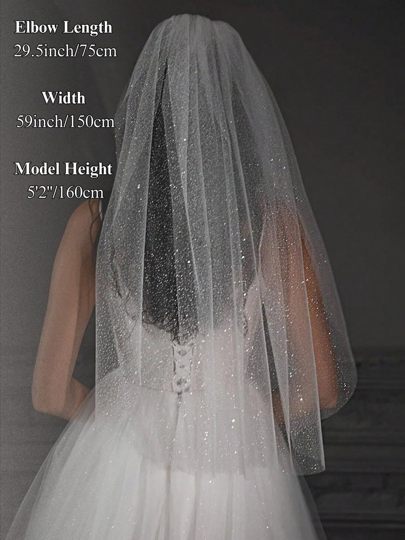 AiberLisha Short Glitter Wedding Bridal Veil with Comb for Bride Elbow Length 29.5inch White - Image 2