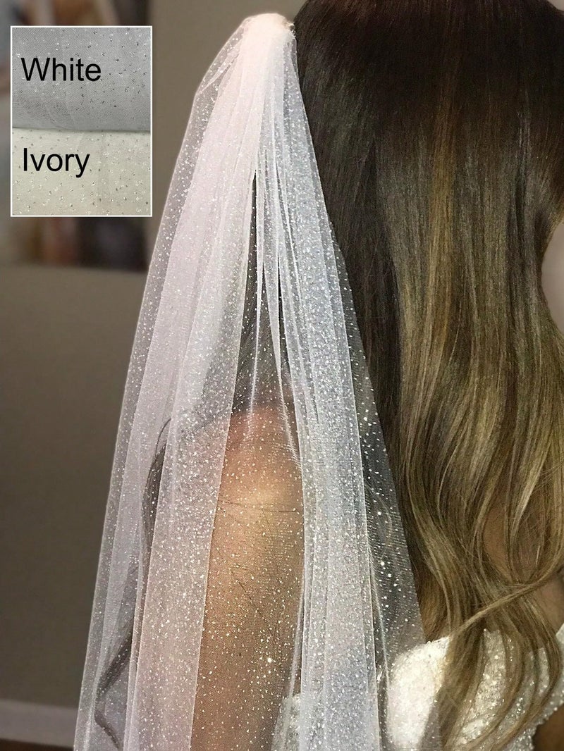 AiberLisha Short Glitter Wedding Bridal Veil with Comb for Bride Elbow Length 29.5inch White - Image 4