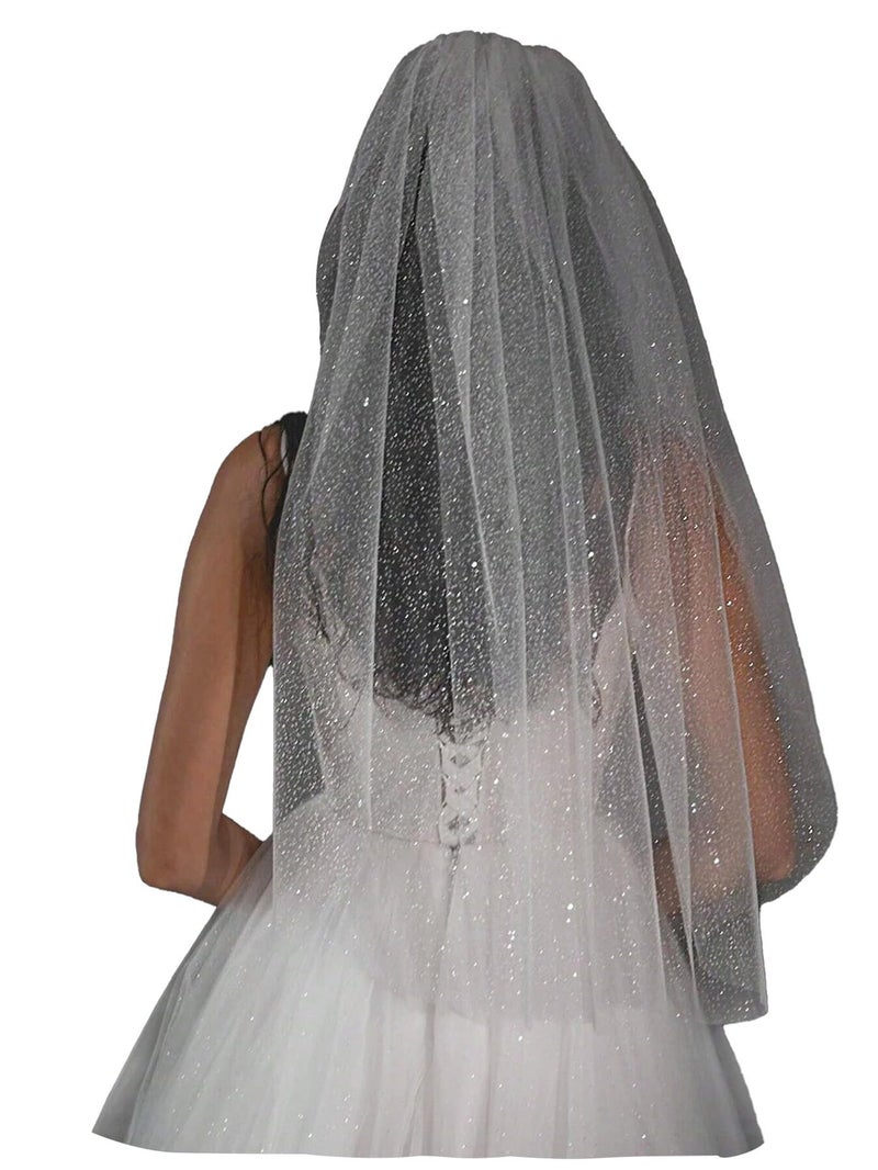 AiberLisha Short Glitter Wedding Bridal Veil with Comb for Bride Elbow Length 29.5inch White - Image 1