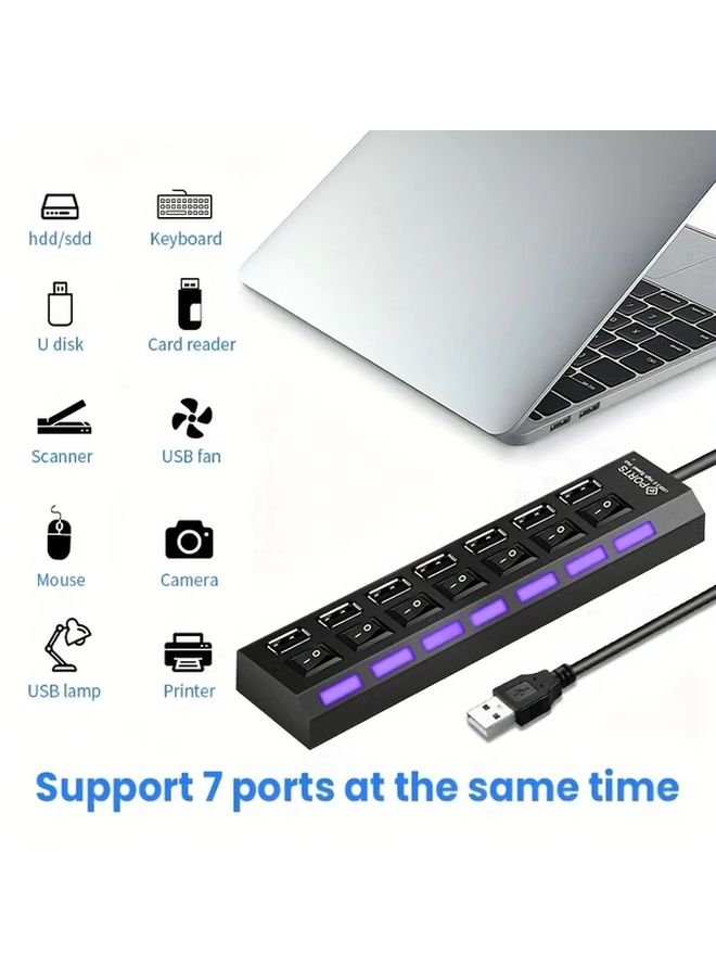 USB 7 Port Hub with Power Switch 4 Ports Style A Fast Charging LED Indicators Compact Vertical Design for PC Laptop Desktop Home Office Gaming Setup - Image 3