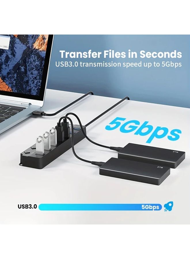 USB 7 Port Hub with Power Switch 4 Ports Style A Fast Charging LED Indicators Compact Vertical Design for PC Laptop Desktop Home Office Gaming Setup - Image 4