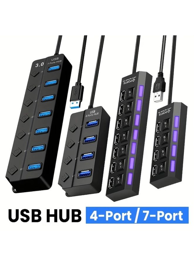 USB 7 Port Hub with Power Switch 4 Ports Style A Fast Charging LED Indicators Compact Vertical Design for PC Laptop Desktop Home Office Gaming Setup - Image 1