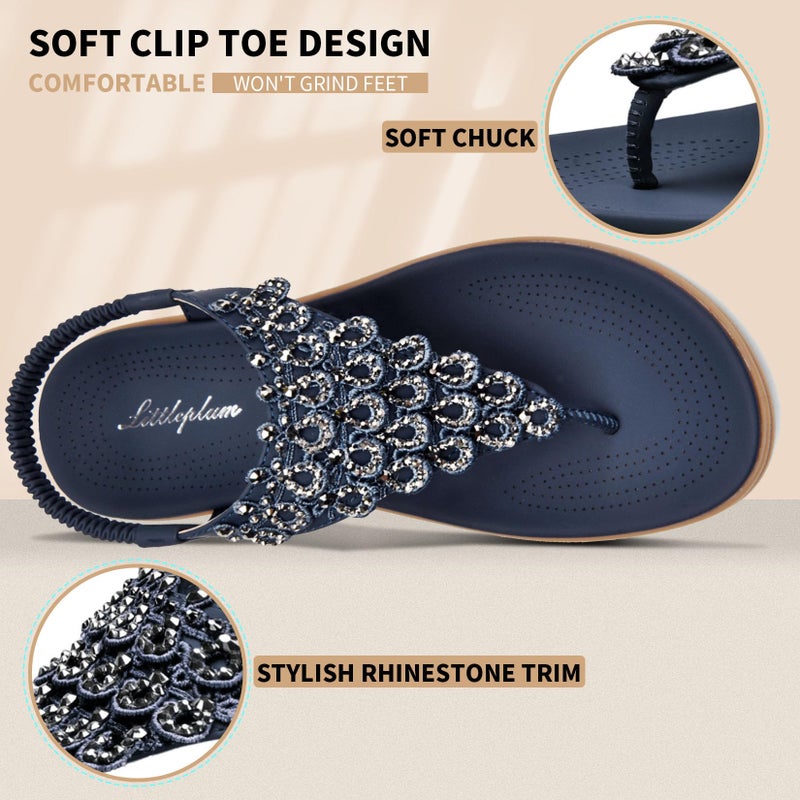 Littleplum Womens Sandals Arch Support Slingback Rhinestone Dressy Sandals Comfort Summer Shoes Ankle Strap Elastic Flats for Beach Walking Chic Blue Size 8 - Image 4