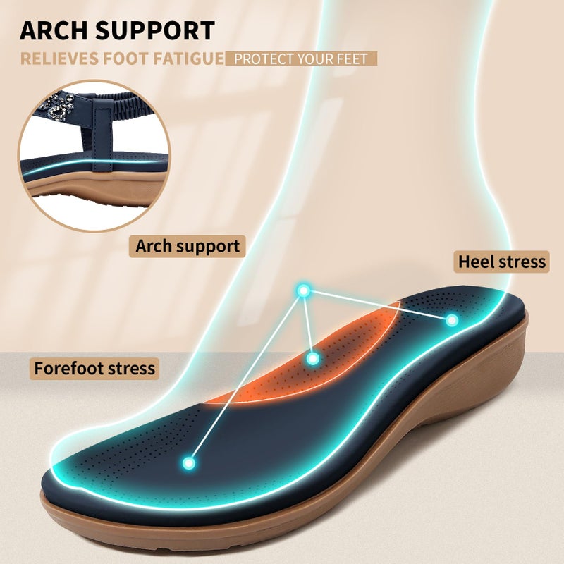 Littleplum Womens Sandals Arch Support Slingback Rhinestone Dressy Sandals Comfort Summer Shoes Ankle Strap Elastic Flats for Beach Walking Chic Blue Size 8 - Image 3