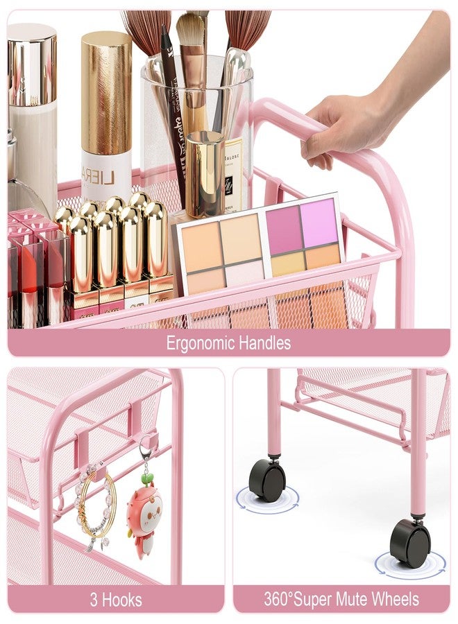 TOOLF 3 Tier Rolling Cart Pink - Metal Storage Organizer with Wheels, 33 lbs Shelf Capacity, Easy 5-Min Assembly, for Girls Room Bathroom Kitchen Office Nursery, Compact Design for Small Spaces, Pink - Image 4