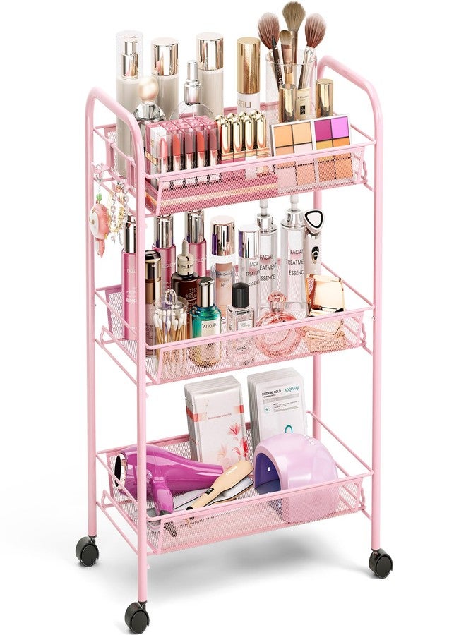 TOOLF 3 Tier Rolling Cart Pink - Metal Storage Organizer with Wheels, 33 lbs Shelf Capacity, Easy 5-Min Assembly, for Girls Room Bathroom Kitchen Office Nursery, Compact Design for Small Spaces, Pink - Image 1
