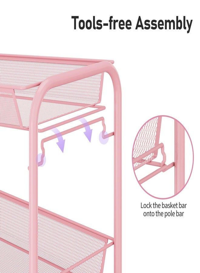 TOOLF 3 Tier Rolling Cart Pink - Metal Storage Organizer with Wheels, 33 lbs Shelf Capacity, Easy 5-Min Assembly, for Girls Room Bathroom Kitchen Office Nursery, Compact Design for Small Spaces, Pink - Image 3