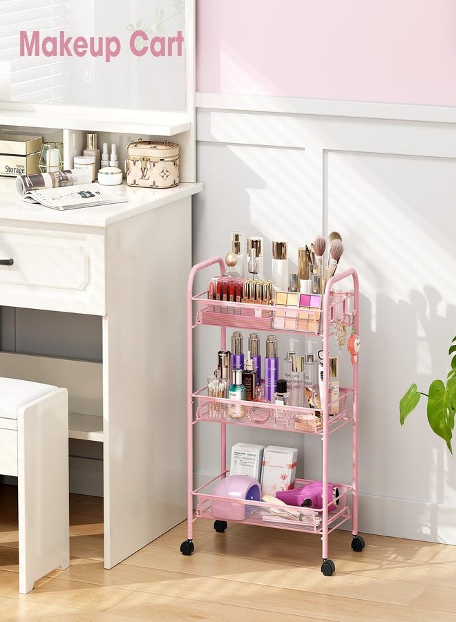 TOOLF 3 Tier Rolling Cart Pink - Metal Storage Organizer with Wheels, 33 lbs Shelf Capacity, Easy 5-Min Assembly, for Girls Room Bathroom Kitchen Office Nursery, Compact Design for Small Spaces, Pink - Image 5