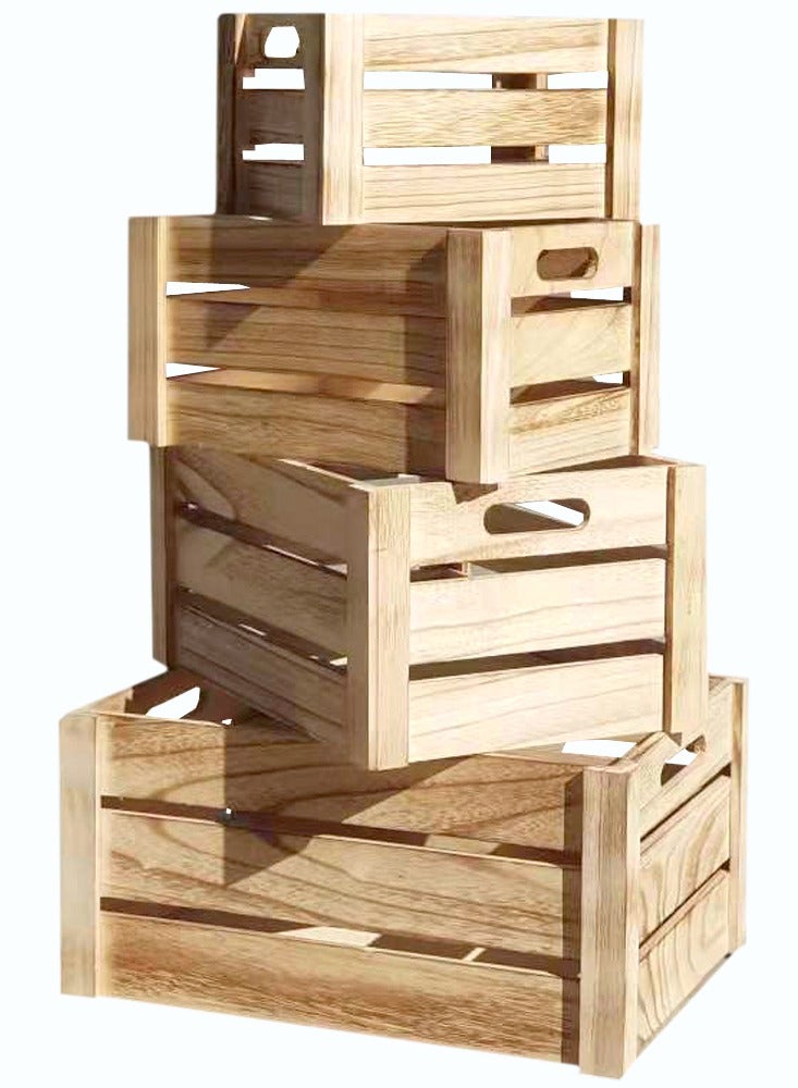LINGWEI Natural Wooden Storage Crates Set of 4 Nesting Wooden Boxes with Cutout Handles Rustic Farmhouse Decorative Storage Containers for Home, Kitchen, Bathroom, and Office - Image 1