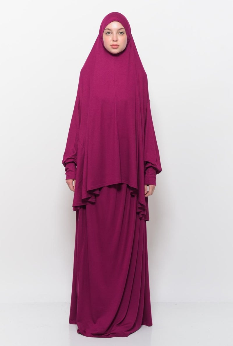 Altobeh Practical Two Piece Cotton Bat Sleeves Organic Hijab Prayer Dress with Headscarf - Dark Fuchsia  - Image 1