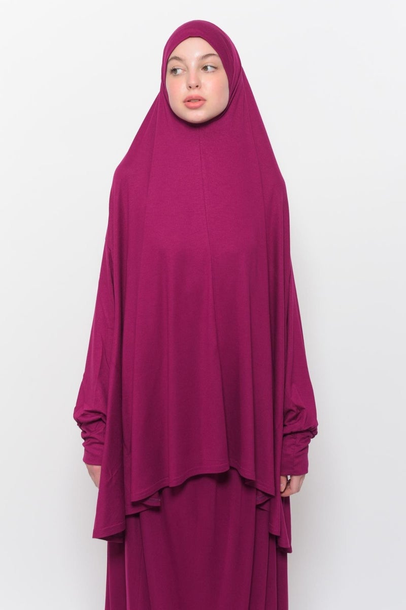 Altobeh Practical Two Piece Cotton Bat Sleeves Organic Hijab Prayer Dress with Headscarf - Dark Fuchsia  - Image 2