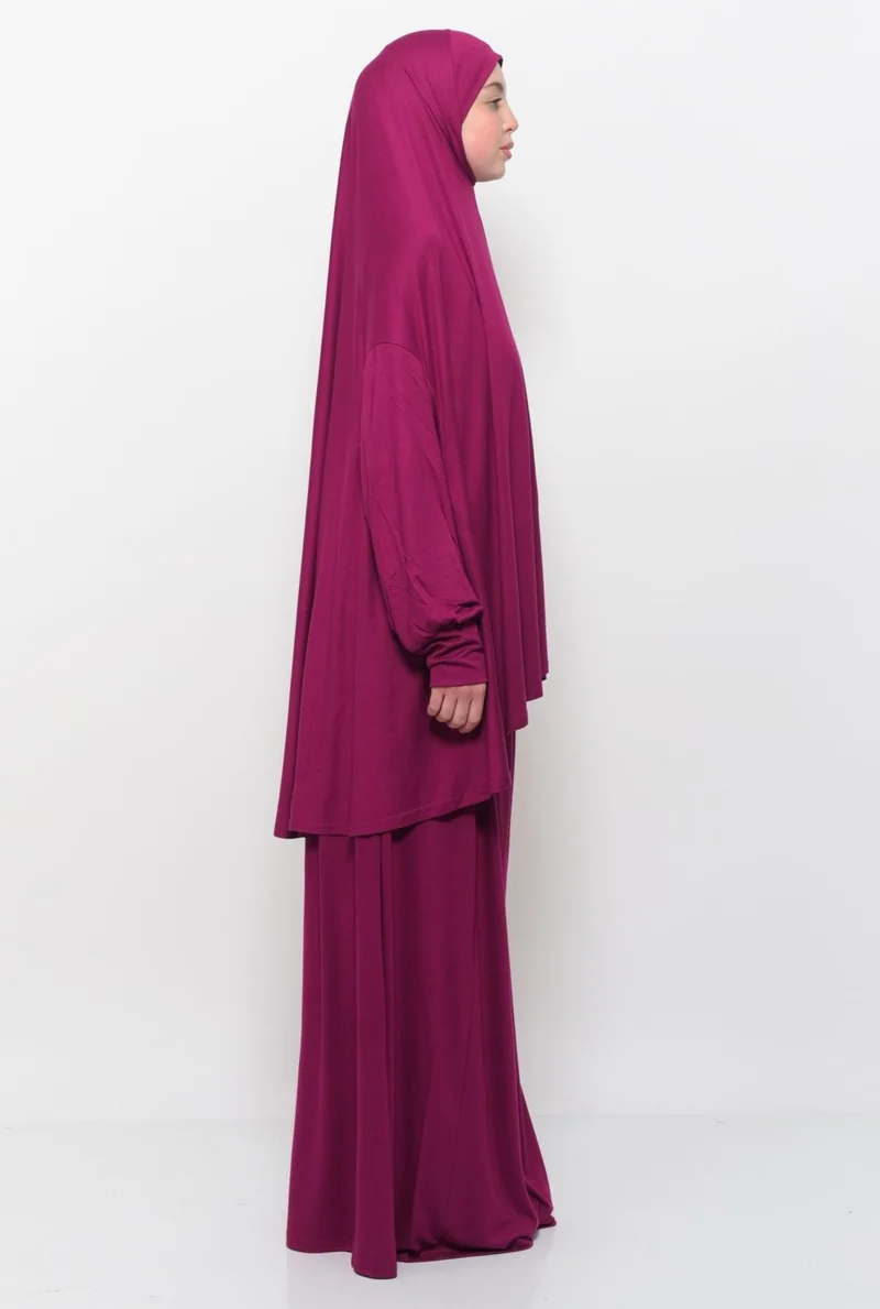 Altobeh Practical Two Piece Cotton Bat Sleeves Organic Hijab Prayer Dress with Headscarf - Dark Fuchsia