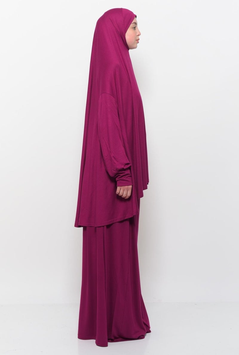 Altobeh Practical Two Piece Cotton Bat Sleeves Organic Hijab Prayer Dress with Headscarf - Dark Fuchsia  - Image 3