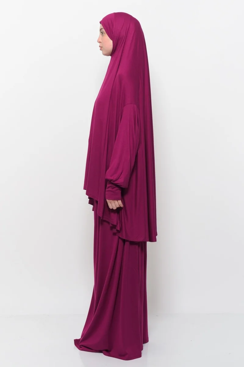 Altobeh Practical Two Piece Cotton Bat Sleeves Organic Hijab Prayer Dress with Headscarf - Dark Fuchsia