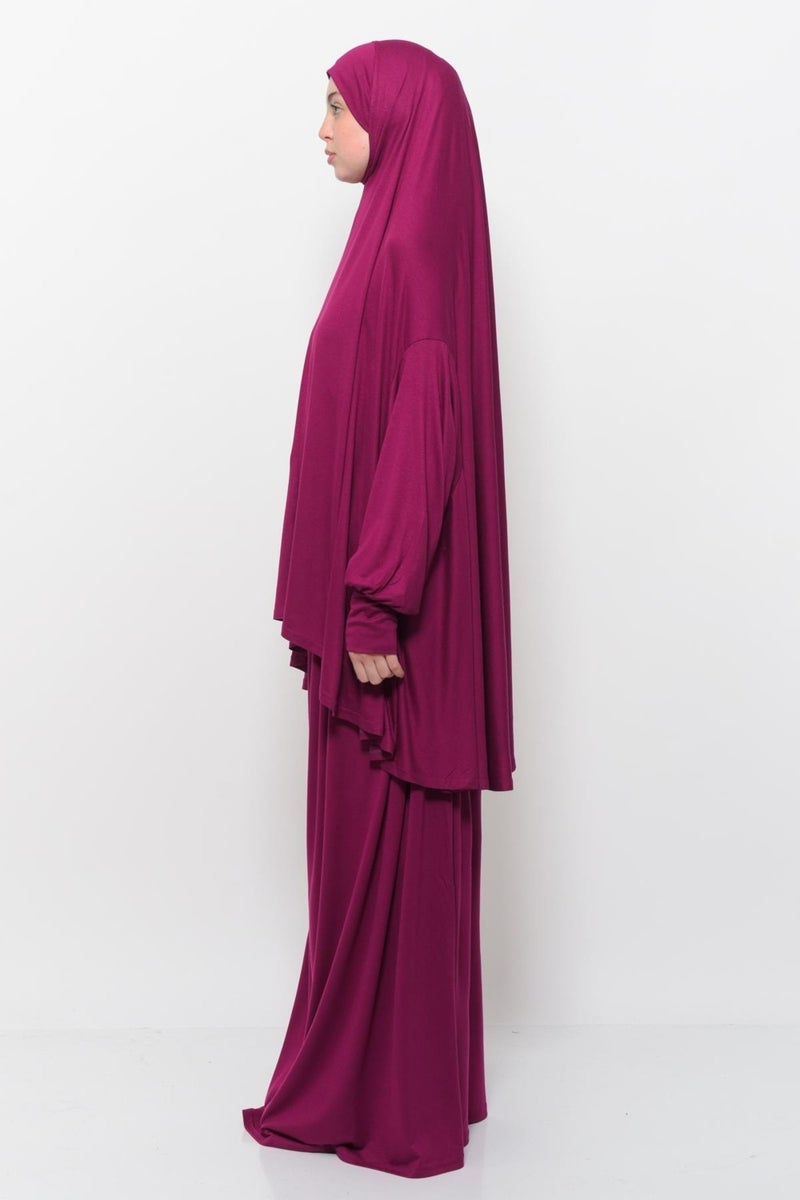Altobeh Practical Two Piece Cotton Bat Sleeves Organic Hijab Prayer Dress with Headscarf - Dark Fuchsia  - Image 4