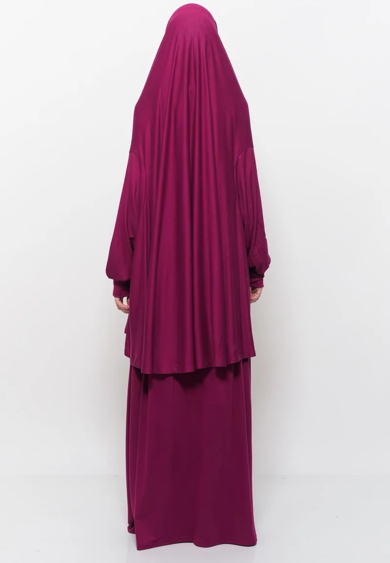 Altobeh Practical Two Piece Cotton Bat Sleeves Organic Hijab Prayer Dress with Headscarf - Dark Fuchsia