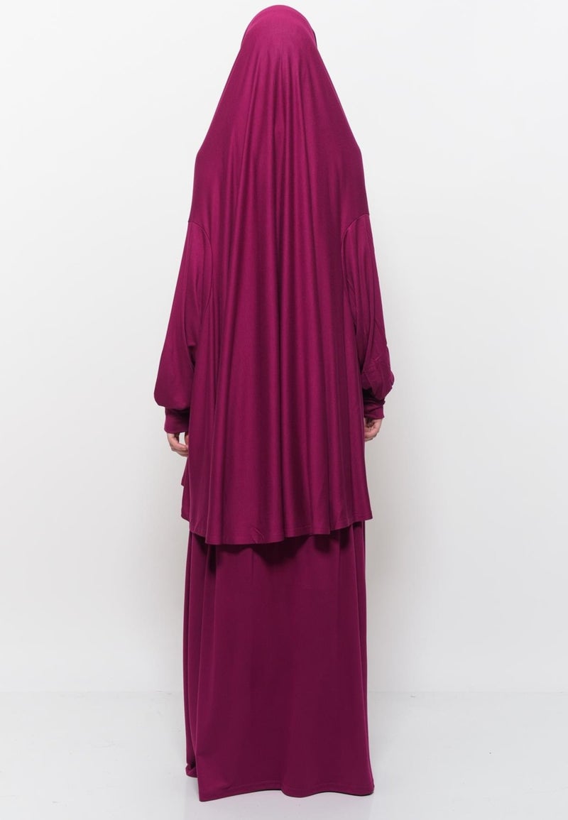Altobeh Practical Two Piece Cotton Bat Sleeves Organic Hijab Prayer Dress with Headscarf - Dark Fuchsia  - Image 5