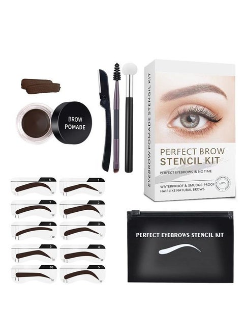 Eyebrow Stamp Stencils SET with 10 Reusable Eyebrow Stencils, 1 Dual Ended Brush and 1 Sponge Applicator, Long-Lasting Waterproof Eyebrow Kit